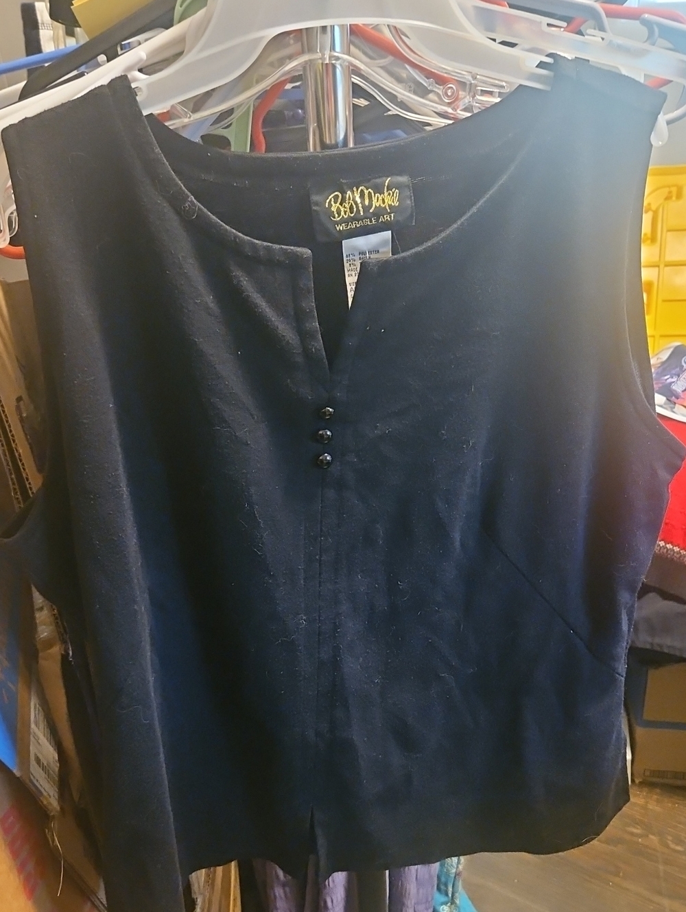 Bob Mackie Black Sleeveless Split-Neck Button Tank